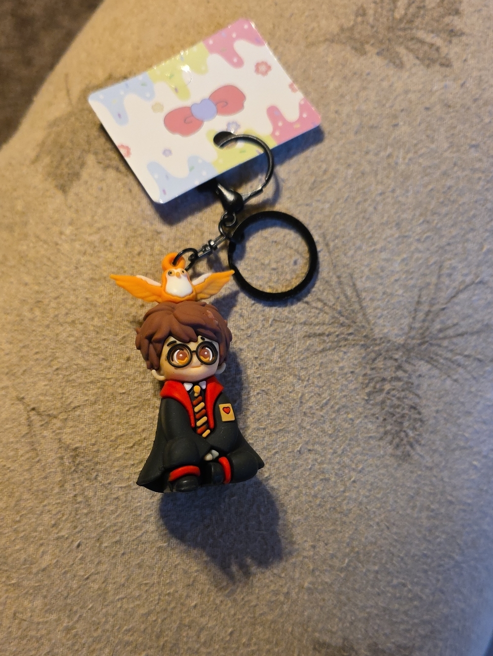Cute Black & Red Wizard Keychain with Orange Pet Charm